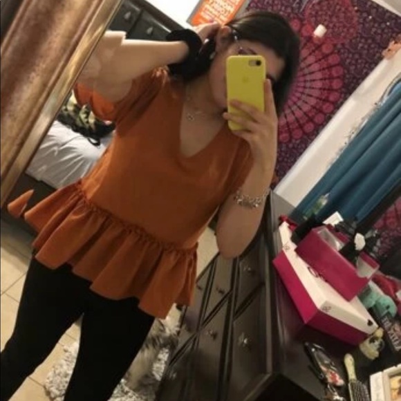 Flounce V-Neck Peplum Top in Brown - Picture 2 of 6